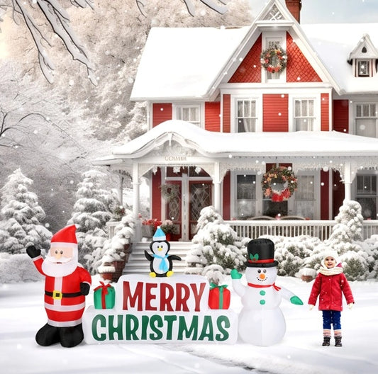 Inflatable Santa Claus And Snowman Holding Merry Christmas Sign